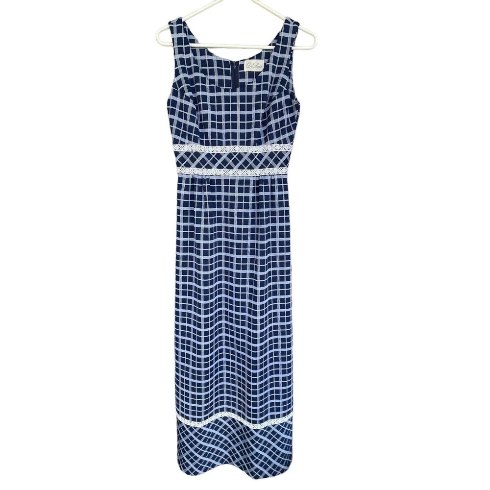 Vintage De Laix Maxi Dress Womens Small Blue White Column Dress Crochet Trim‎
